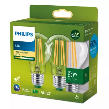Bombilla filamento Philips clara 60W A60 E27 x2, 4 W, 60 W, E27, 840 lm, 50000 h, blanco cálido