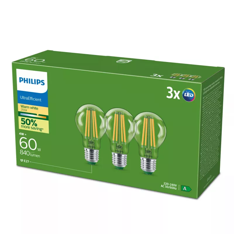 Bombilla LED Philips Classic equivalente a 60W, E27 clara blanco cálido, pack de 3, clase energética A
