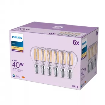 Bombilla filamento Philips vela clara 40W P45 E14 x6, 4,3 W, 40 W, E14, 470 lm, 15000 h