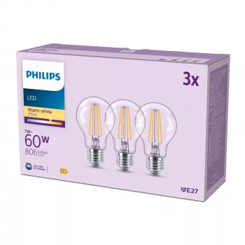 Bombilla filamento Philips clara 60 W A60 E27 x3, 7 W, 60 W, E27, 806 lm, 15000 h, blanco cálido