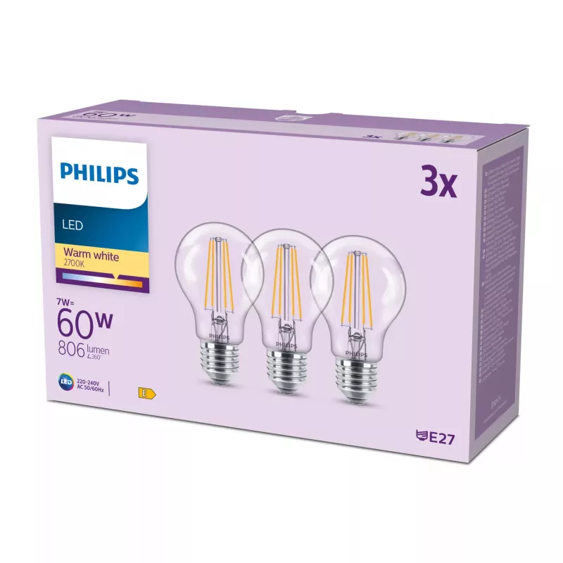 Bombilla filamento Philips clara 60 W A60 E27 x3, 7 W, 60 W, E27, 806 lm, 15000 h, blanco cálido