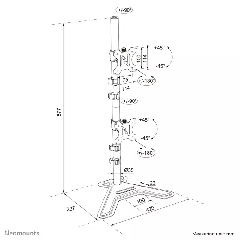 Soporte dual para monitor Neomounts DS45-600BL2V para 2 pantallas de 10–32 pulgadas, VESA 75x75–100x100, carga máx. 9 kg, de pie, negro