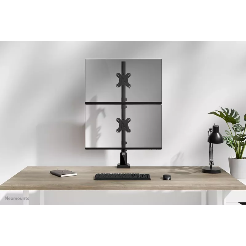 Brazo dual para monitor Neomounts DS60-600BL2V de 10-32 pulgadas, pinza/pasacables de mesa, 9 kg, 25,4 cm (10 pulgadas), 81,3 cm (32 pulgadas), 100 x 100 mm, negro