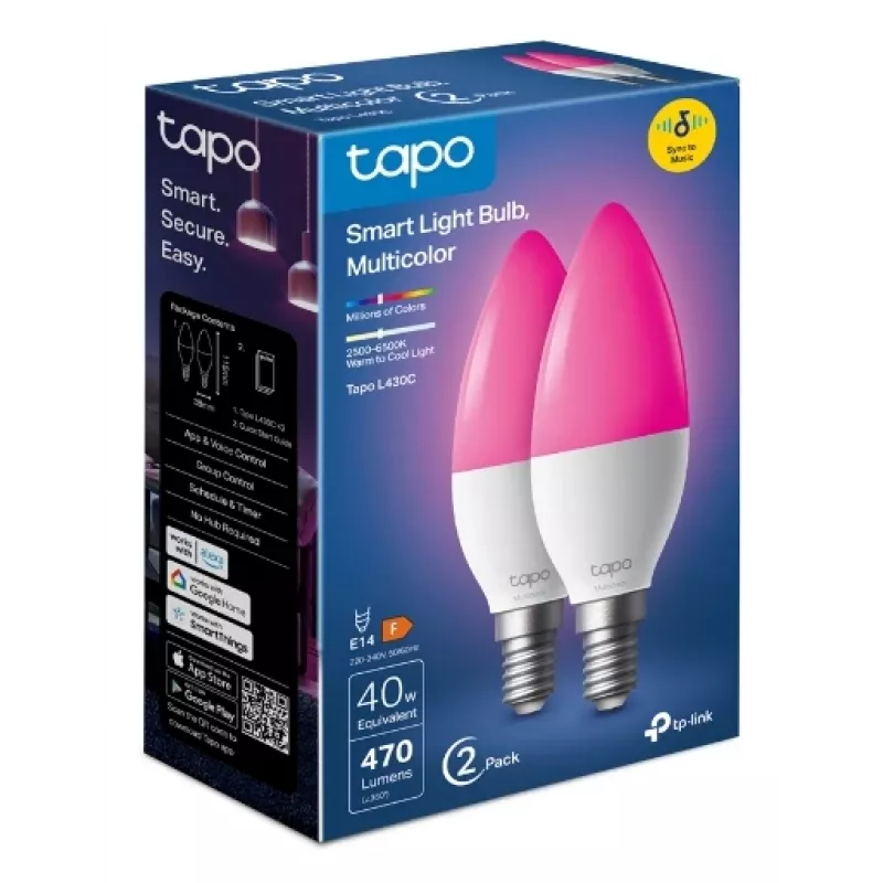 TP-Link Tapo L430C bombilla inteligente, paquete de 2, multicolor, E14