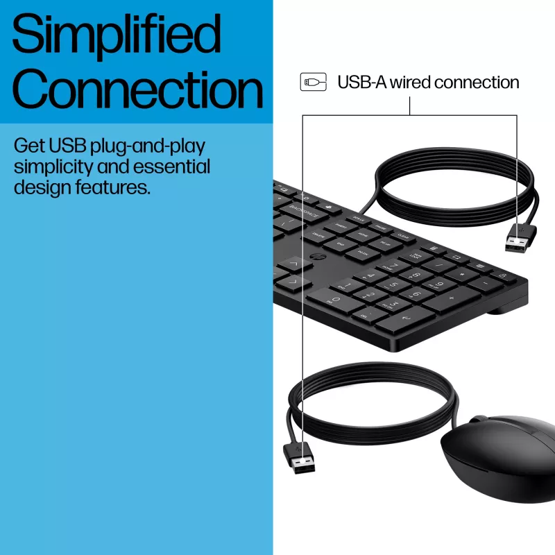 Conjunto de teclado y ratón de sobremesa con cable HP 320MK — USB, teclado de tamaño completo, negro, cable 1,8 m
