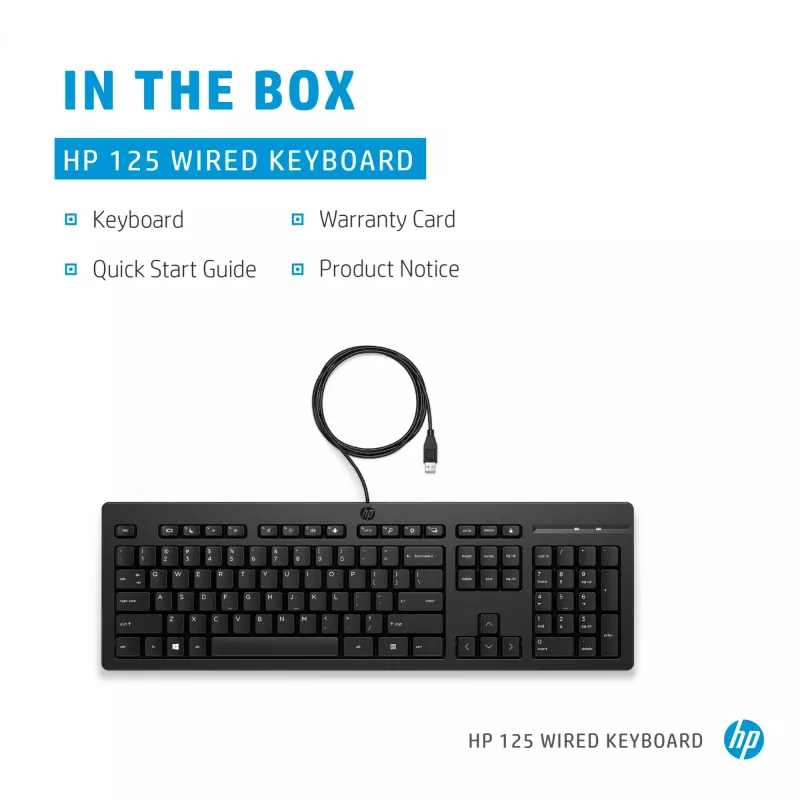 Teclado de tamaño completo con cable HP 125 – USB, membrana, negro