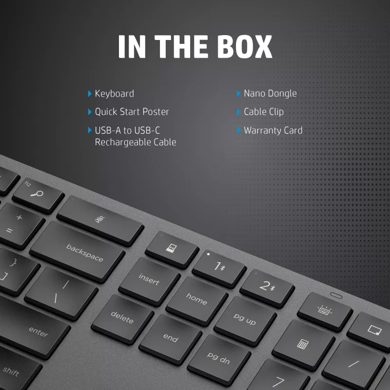 Teclado inalámbrico tamaño completo HP 975 — RF Inalámbrico + Bluetooth, Negro, distribución 100%