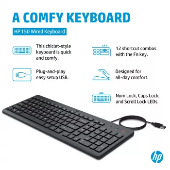 HP 150 Teclado con cable tamaño completo USB Negro 664R5AA#ABD