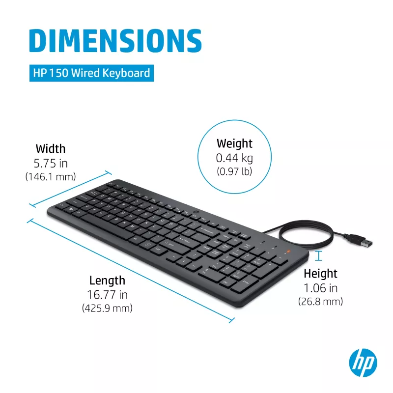 HP 150 Teclado con cable tamaño completo USB Negro 664R5AA#ABD
