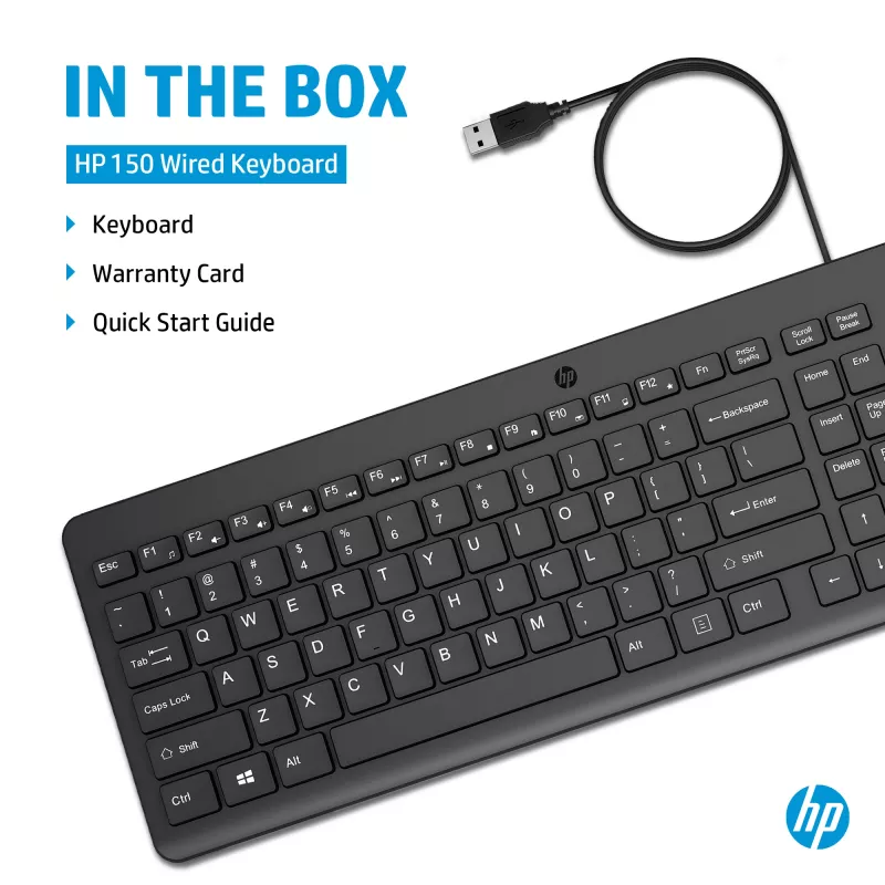 HP 150 Teclado con cable tamaño completo USB Negro cable de 1 m