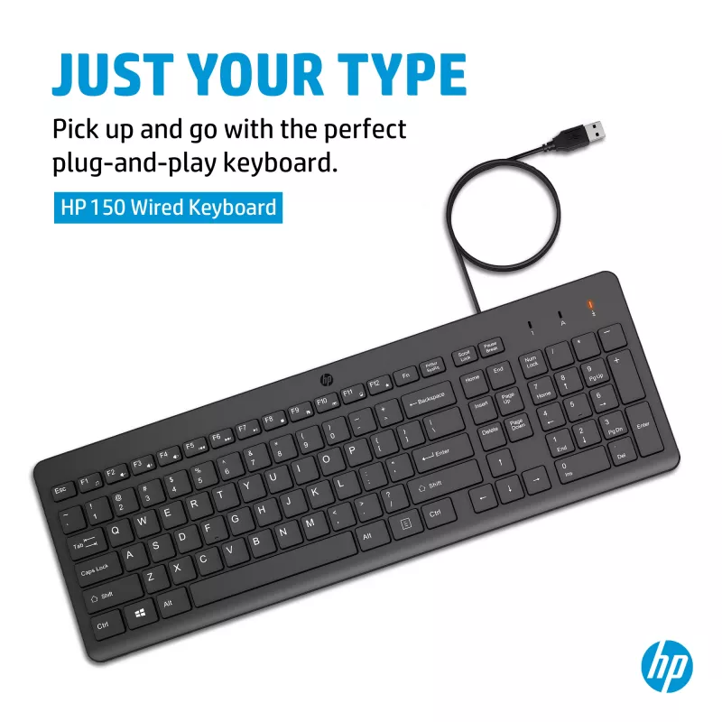 HP 150 Teclado con cable tamaño completo USB Negro cable de 1 m