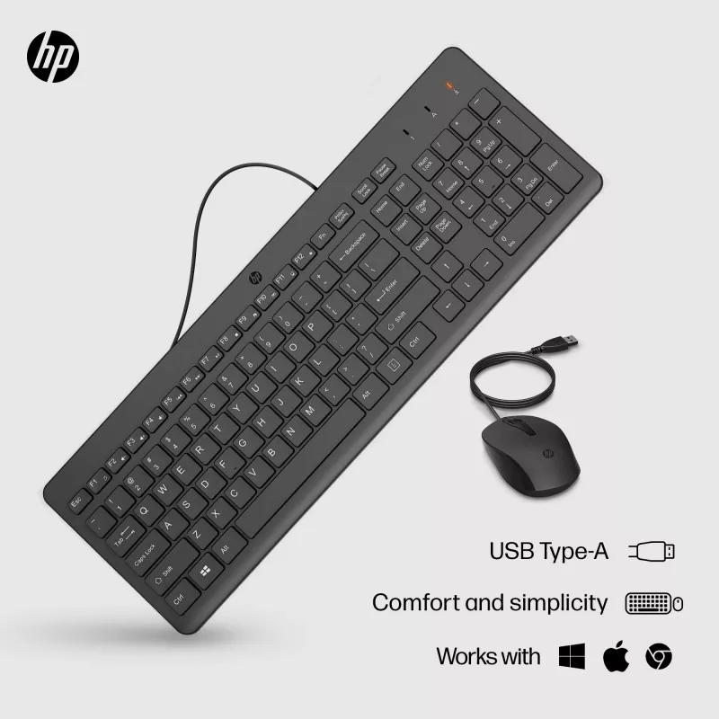 Conjunto de teclado y ratón con cable HP 150 — Teclado de membrana USB de tamaño completo, negro, con ratón USB con cable