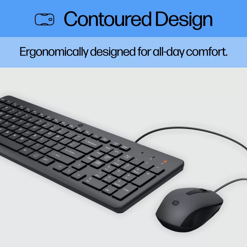 Conjunto de teclado y ratón con cable HP 150 — Teclado de membrana USB de tamaño completo, negro, con ratón USB con cable