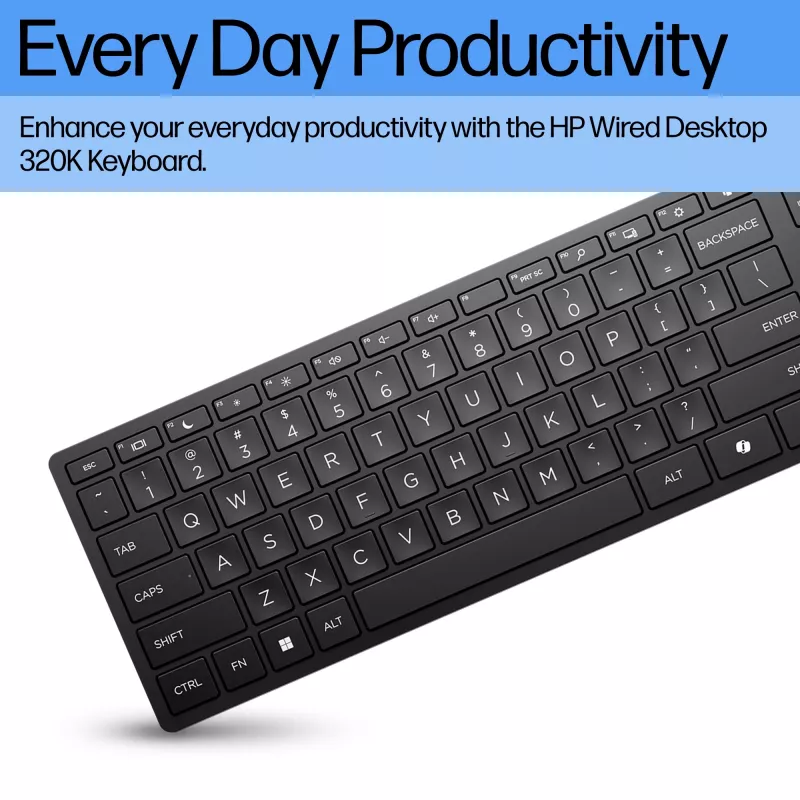 Teclado con cable HP 320K — USB de tamaño completo, diseño recto, cable de 1,8 m, Negro