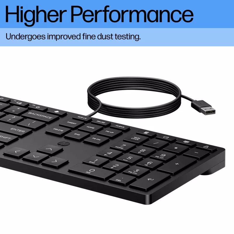 Teclado con cable HP 320K — USB de tamaño completo, diseño recto, cable de 1,8 m, Negro