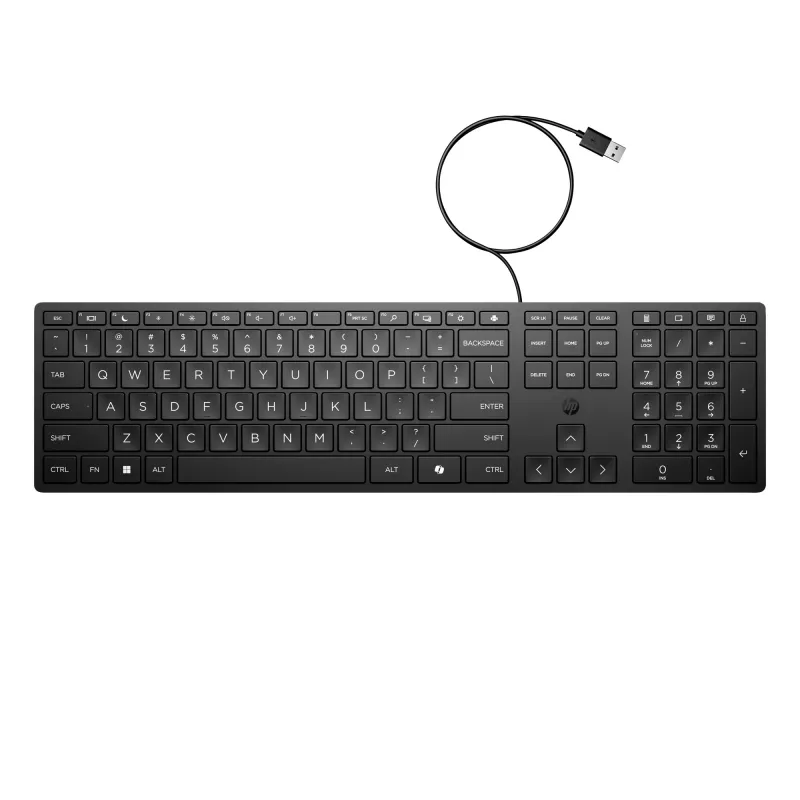 Teclado con cable HP 320K — USB de tamaño completo, diseño recto, cable de 1,8 m, Negro