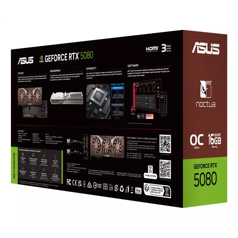 Tarjeta gráfica ASUS GeForce RTX 5080 16 GB GDDR7, PCIe 5.0, 256-bit, 385×80×151 mm, 3 ventiladores, alimentación 16-Pin