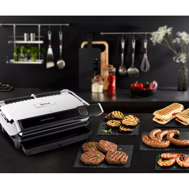 Parrilla de contacto Tefal OptiGrill Elite XL GC760D — acero inoxidable, 800 cm² de superficie de parrilla, 2200 W