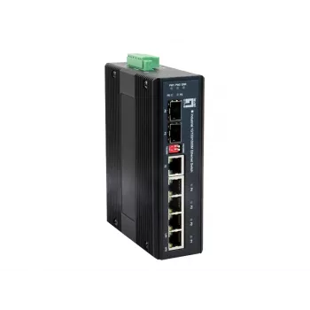 Switch industrial LevelOne de 6 puertos Gigabit, 1 x SFP, 1 x SFP/RJ45 combo, -40 °C a 75 °C, carril DIN