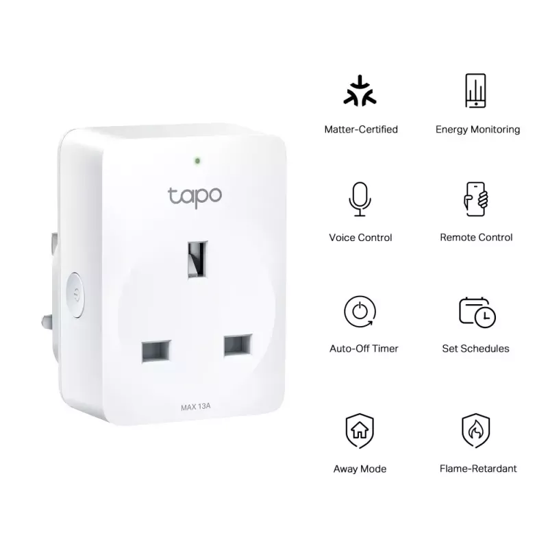 Enchufe inteligente TP‑Link Tapo Mini P110M — enchufe inteligente Wi‑Fi/Bluetooth para interiores, 16 A, 100–240 V, 3680 W, blanco
