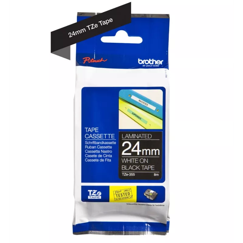 Cinta de etiquetas Brother TZe355 24mm blanco sobre negro