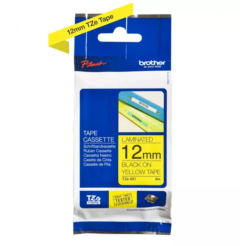 Cinta de etiquetas Brother TZe-631 (TZe) 12 mm x 8 m, negro sobre amarillo