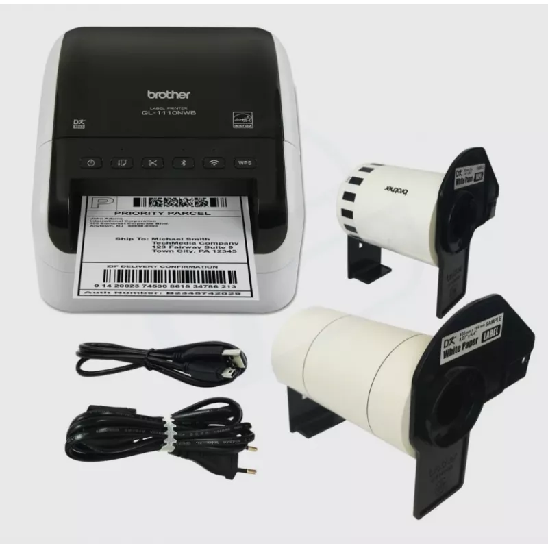 Brother QL-1110NWB, DK, térmica directa, 300 x 300 DPI, 110 mm/s, con cable e inalámbrica, negro, blanco