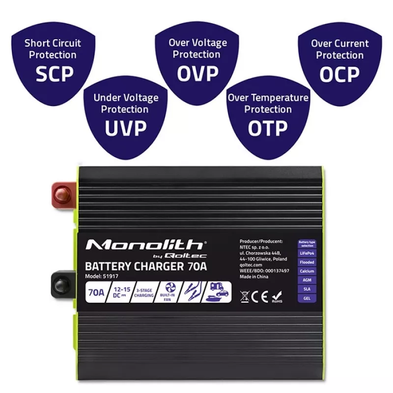 Cargador de baterías QOLTEC 51917 para baterías LiFePO4/AGM/GEL/SLA, salida 70 A