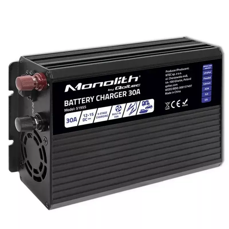 Cargador de baterías QOLTEC 51955 — 30A 12V para LiFePO4, AGM, GEL, SLA