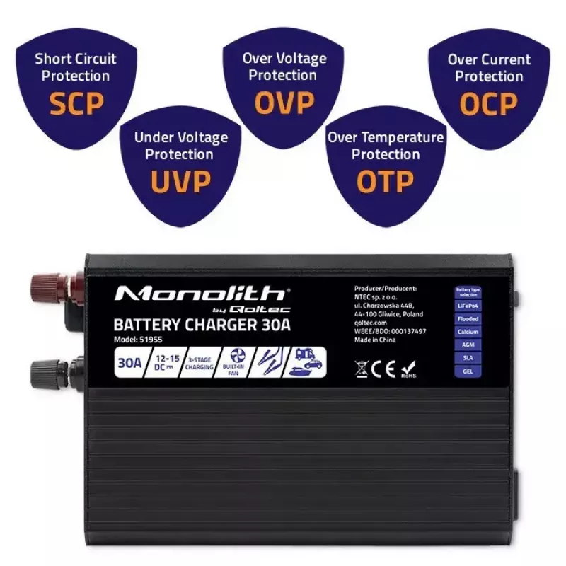 Cargador de baterías QOLTEC 51955 — 30A 12V para LiFePO4, AGM, GEL, SLA