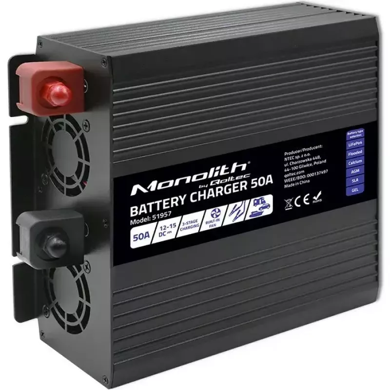 Cargador de baterías QOLTEC 51957 50A 12V para baterías LiFePO4, AGM, GEL, SLA