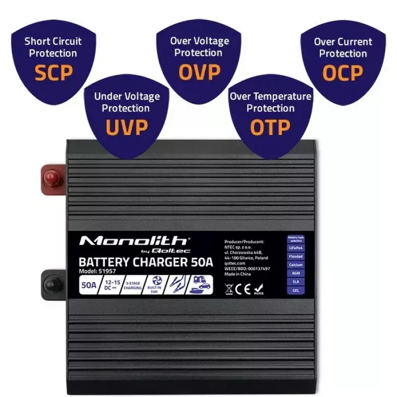 Cargador de baterías QOLTEC 51957 50A 12V para baterías LiFePO4, AGM, GEL, SLA