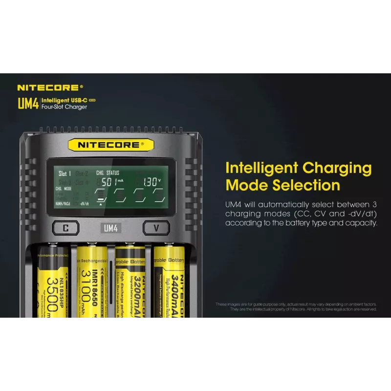 Cargador Nitecore UM4 pilas domésticas DC litio-hierro-fosfato litio-ion níquel-cadmio