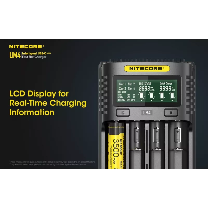 Cargador Nitecore UM4 pilas domésticas DC litio-hierro-fosfato litio-ion níquel-cadmio