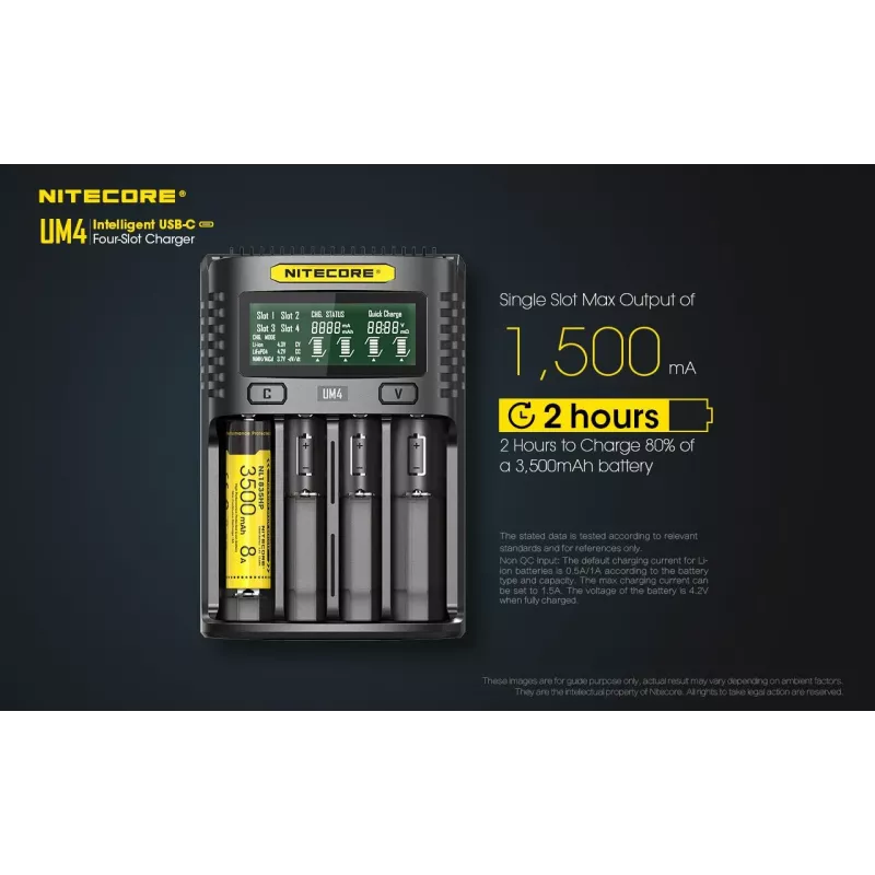 Cargador Nitecore UM4 pilas domésticas DC litio-hierro-fosfato litio-ion níquel-cadmio