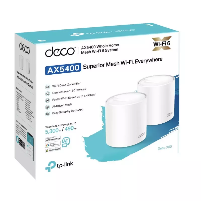 Router inalámbrico | TP-LINK | Router inalámbrico | pack de 2 | 5400 Mbit/s | Mesh | IEEE 802.11a | IEEE 802.11n | IEEE 802.11ac | IEEE 802.11ax | 2x10/100/1000M | DECOX60(2-PACK)