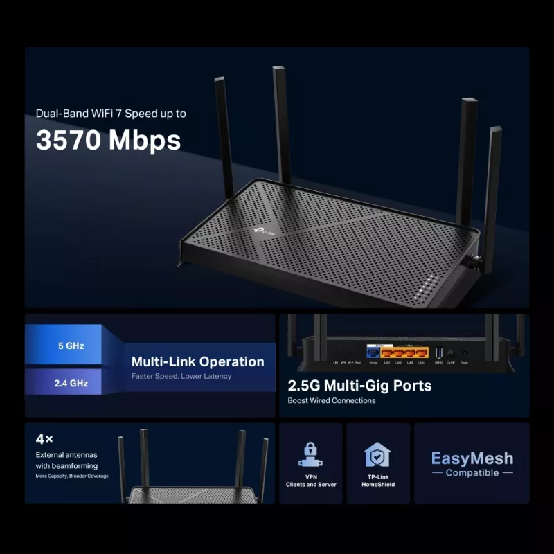 Router Wi-Fi TP-Link Archer BE3600 2,5 Gigabit Ethernet dual band (2,4 GHz / 5 GHz) negro