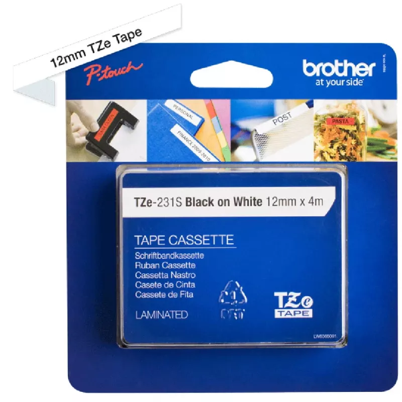 Brother TZe231S - Cinta laminada - negro sobre blanco - rollo (1,2 cm x 4 m) 1 rollo(s) - para P-Touch PT-1010, 1080, 1090, 1230, 1280, 1290, 2100, 243