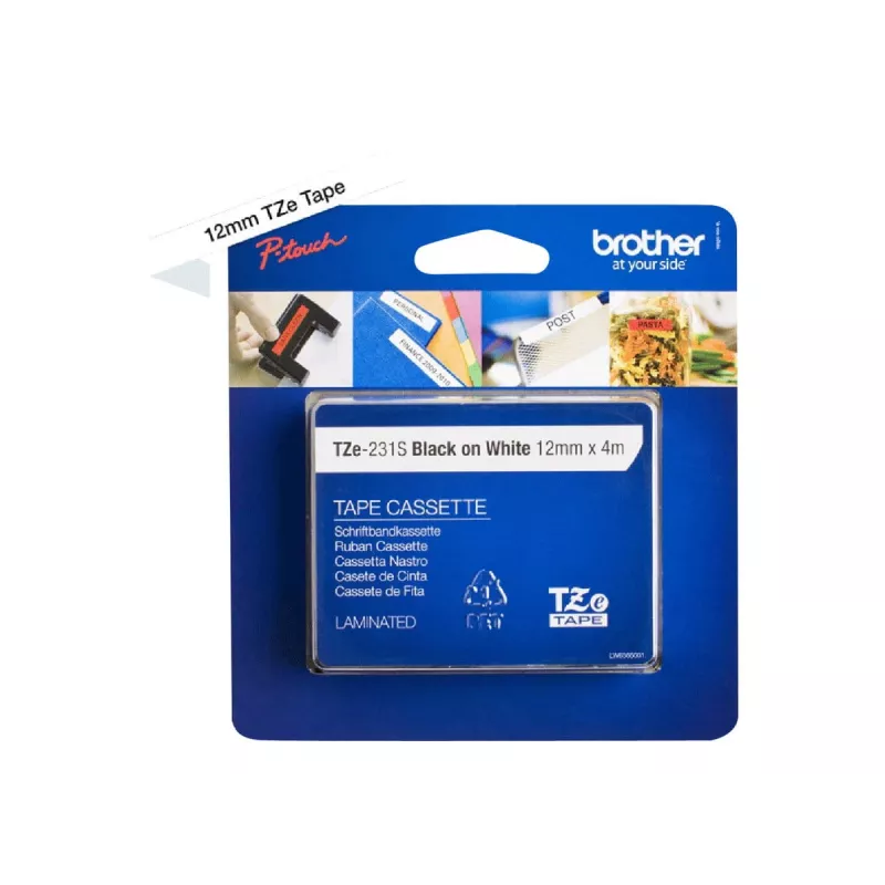 Brother TZe231S - Cinta laminada - negro sobre blanco - rollo (1,2 cm x 4 m) 1 rollo(s) - para P-Touch PT-1010, 1080, 1090, 1230, 1280, 1290, 2100, 243