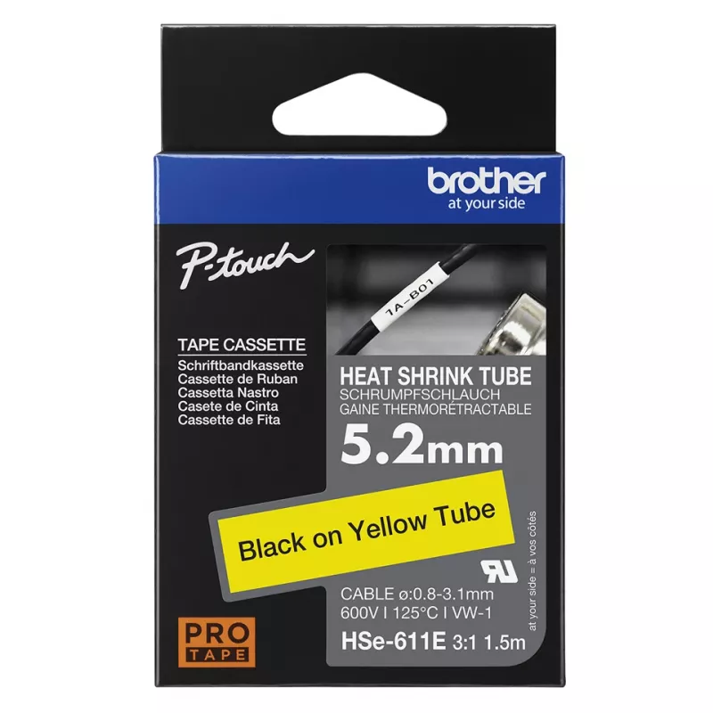 Brother HSe-611E tubo termorretráctil, 5,2 mm x 1,5 m, negro sobre amarillo