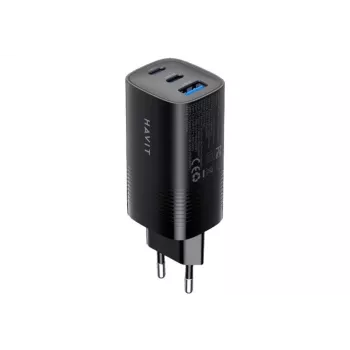 Cargador de viaje Havit UC20 GaN de tres puertos 65 W negro