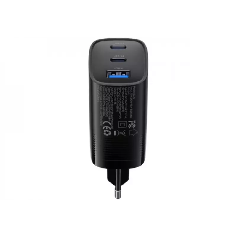Cargador de viaje Havit UC20 GaN de tres puertos 65 W negro