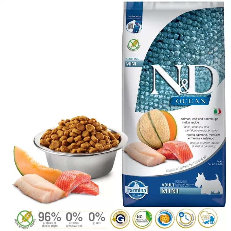FARMINA N&D Ocean Dog Salmon, Cod, Cantaloupe, Melon Adult Mini - pienso para perros - 7 kg