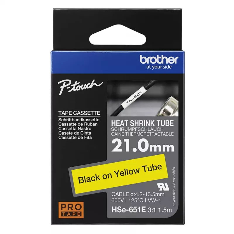 Brother HSe-651E tubo termorretráctil, 21 mm x 1,5 m, negro sobre amarillo