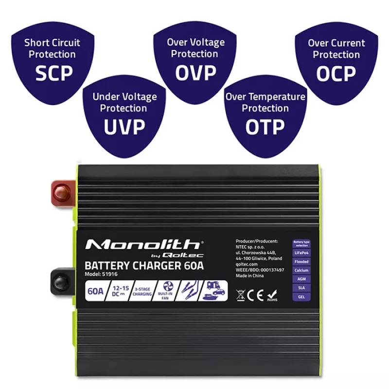 Cargador de baterías QOLTEC 51916 60A 12V para baterías LiFePO4, AGM, GEL, SLA
