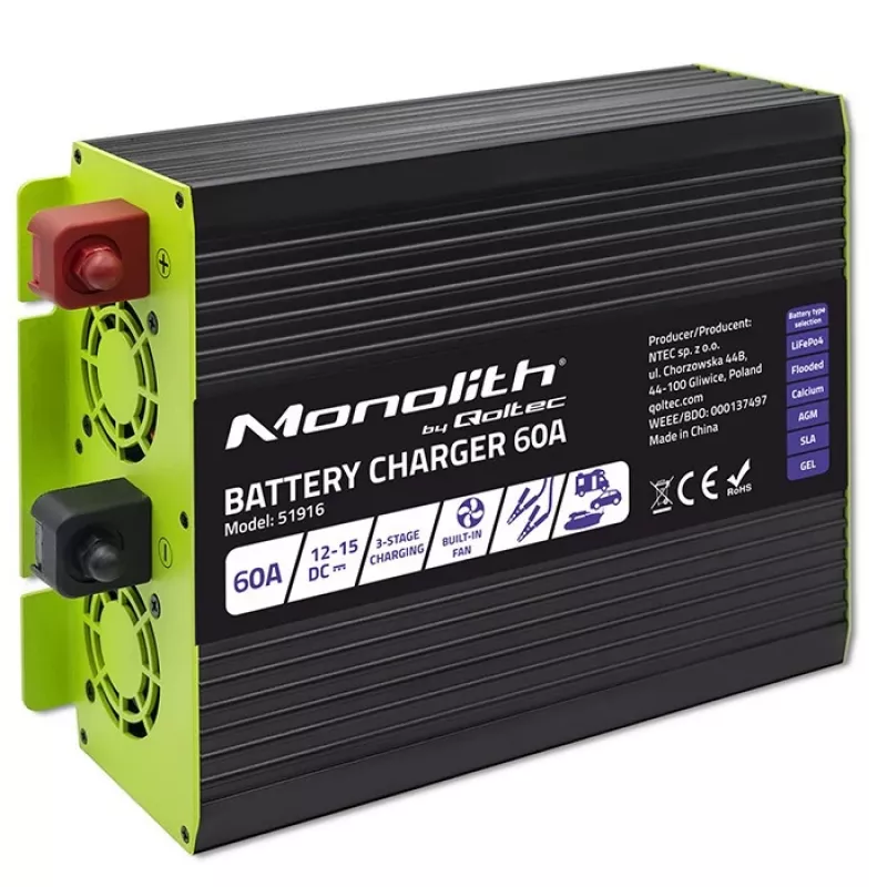 Cargador de baterías QOLTEC 51916 60A 12V para baterías LiFePO4, AGM, GEL, SLA