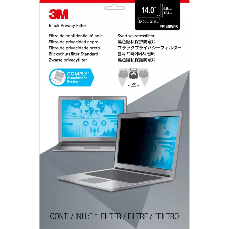 Filtro de privacidad 3M para portátil panorámico de 14.0 con sistema de fijación COMPLY - filtro de privacidad para portátil - 35,6 cm panorámico (14 panorámico) - negro (7100210599)