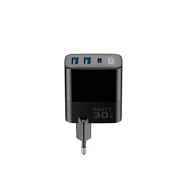 Cargador HAVIT UCLE001 EU GaN de tres puertos 30 W negro — cargador USB compacto con 3 conexiones