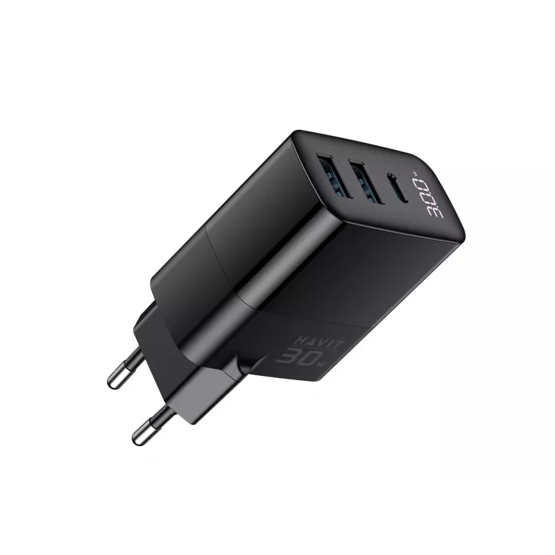 Cargador HAVIT UCLE001 EU GaN de tres puertos 30 W negro — cargador USB compacto con 3 conexiones
