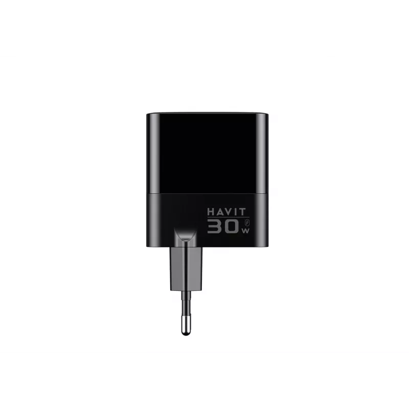 Cargador HAVIT UCLE001 EU GaN de tres puertos 30 W negro — cargador USB compacto con 3 conexiones